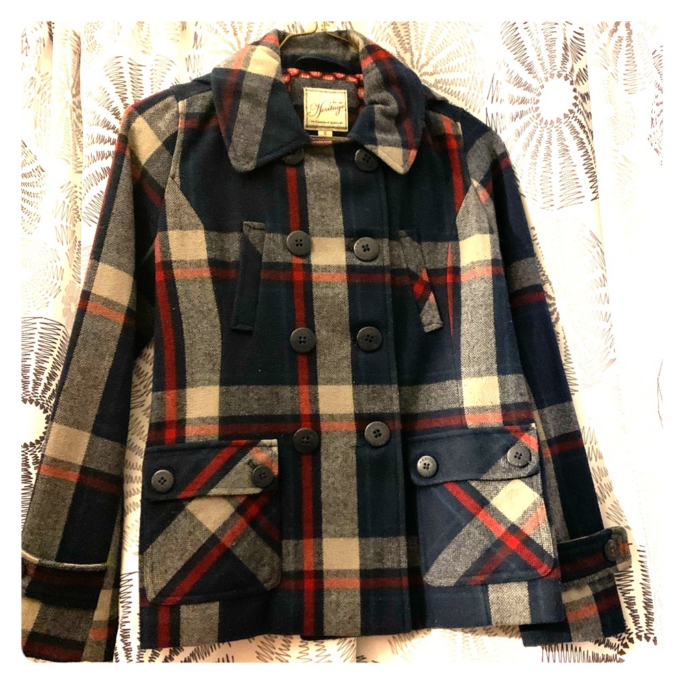 Red, blue, grey waist length peacoat